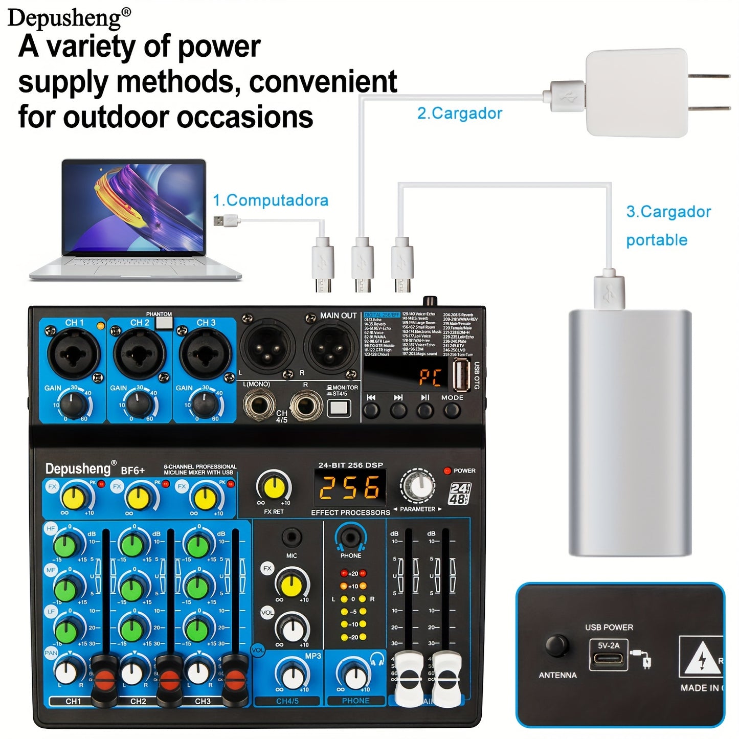 Depusheng Audio Mixer features USB, PC recording input, XLR microphone jack, and 99 DSP effects.