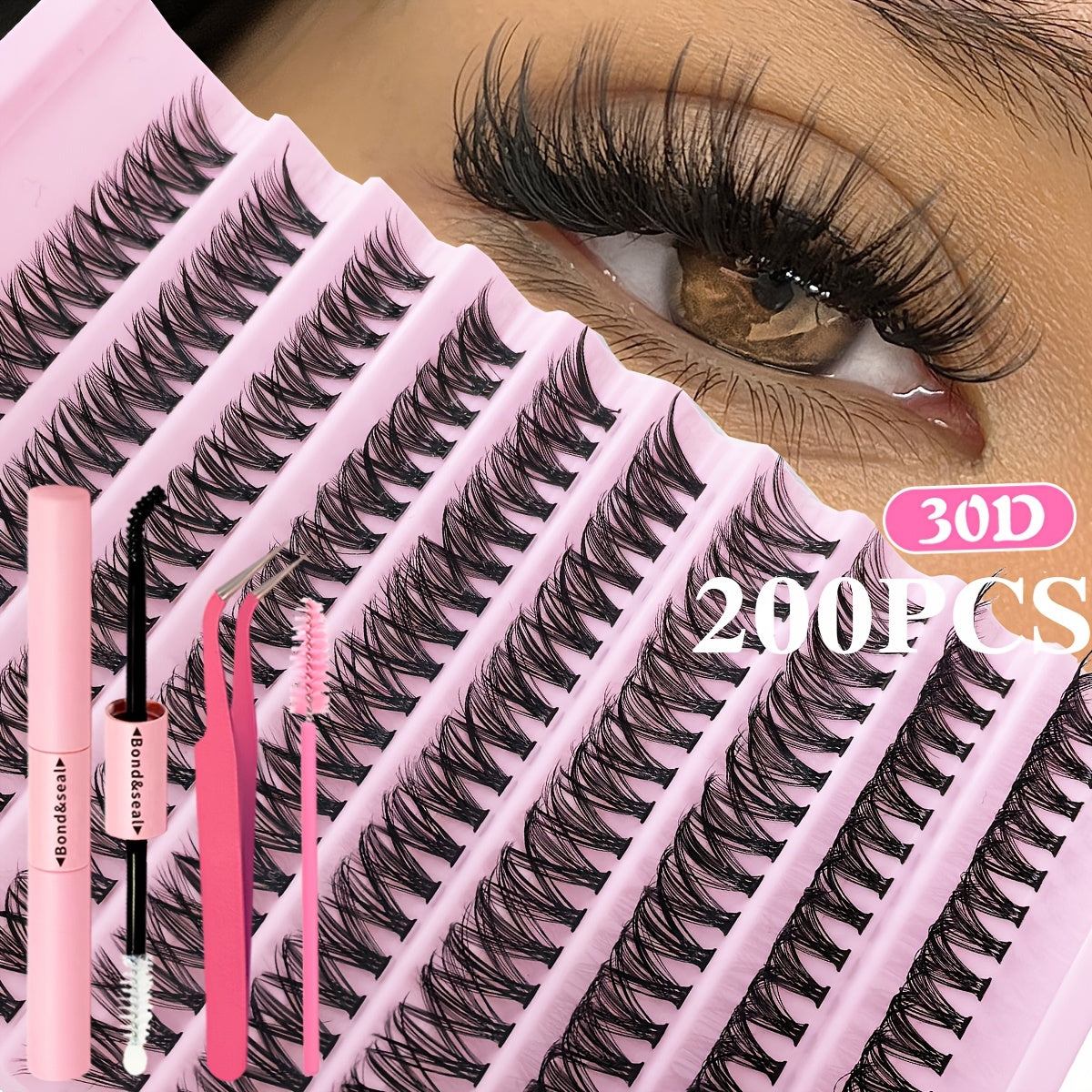 DIY Eyelash Extension Kit with Individual Lashes, Cluster, 9-16mm Mix, for Beginners. Includes Lash Bond, Tweezers. Perfect Gift for New Year.