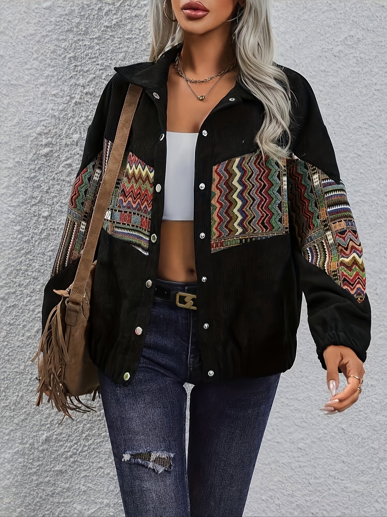 Women's Tribal Print Coat, Casual Jacket for Spring & Fall