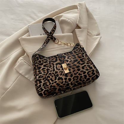 Leopard Print Shoulder Bag with classic clasp, PU strap, zip closure, and faux leather lining.