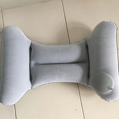 Inflatable travel waist pillow for lumbar back support during long journeys by air, car, bus, train, or in office or home.