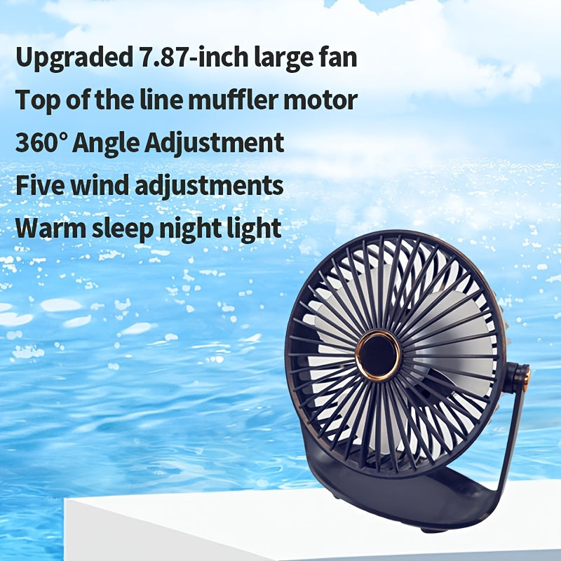 The Jkuoo Portable Desktop Fan is equipped with a 360° rotation feature for maximum coverage. Its quiet brushless motor ensures peaceful operation, while the 5-speed adjustable settings allow for personalized comfort. The fan also includes a convenient