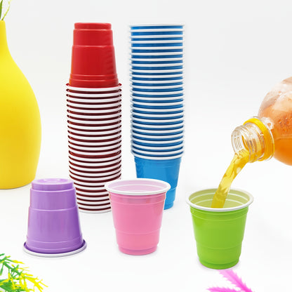 50 two-tone 2oz plastic party shot cups for various occasions like weddings, banquets, parties, and outdoor events.