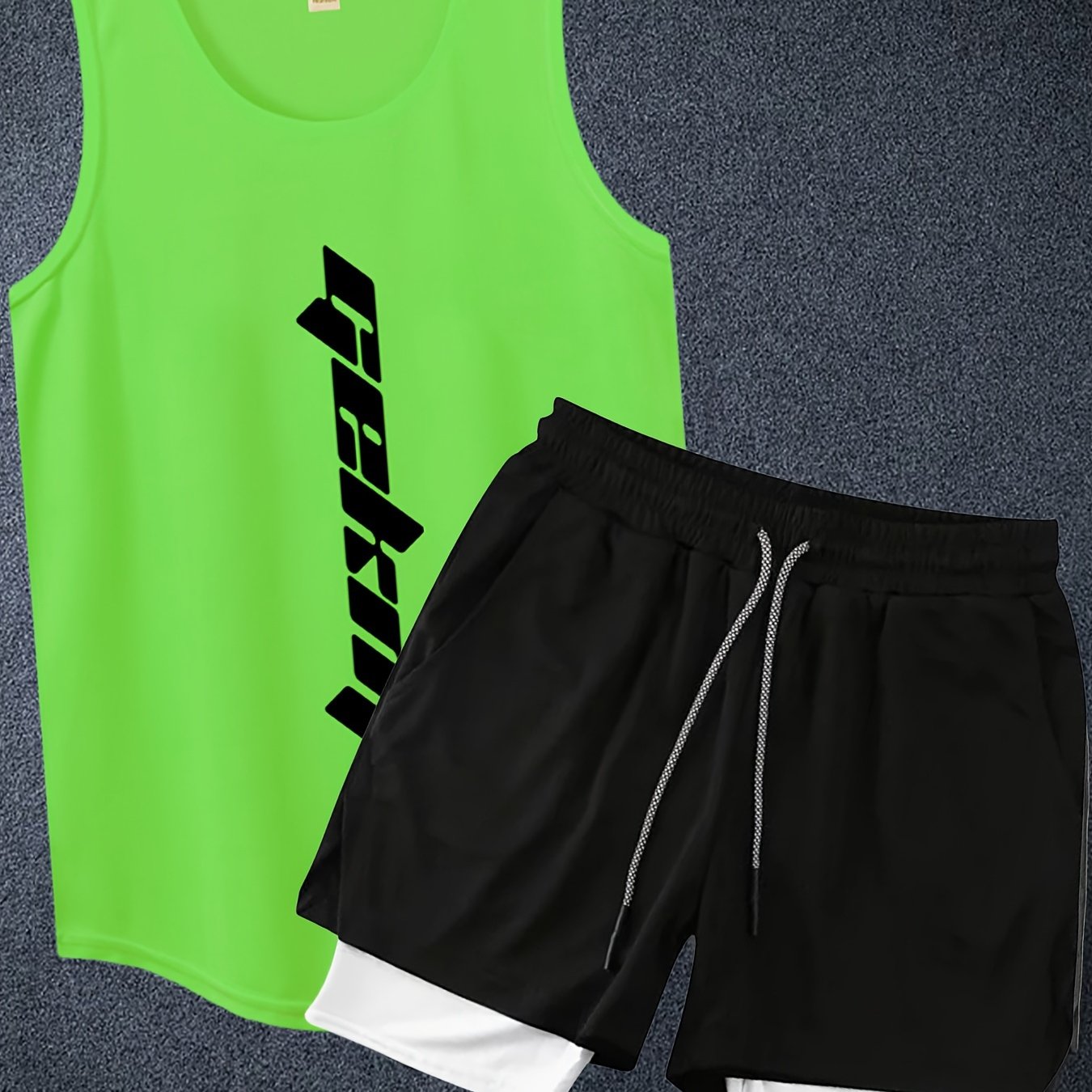 Men's 2-piece basketball outfits with letter print, casual graphic tank top and loose drawstring 2-in-1 shorts set.