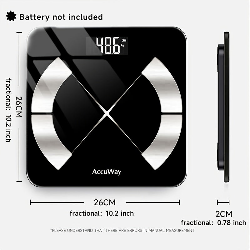 ACCUWAY Smart Bathroom Scale with precision, HD display, 181.44KG capacity, BMI & muscle moisture analysis, and mobile app connectivity.