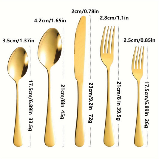 Set of 40/60 pieces of stainless steel cutlery with a luxurious golden finish, perfect for home dining. Each piece is mirror polished and dishwasher safe, making it ideal for special occasions such as Easter, Father's Day, Mother's Day, anniversaries