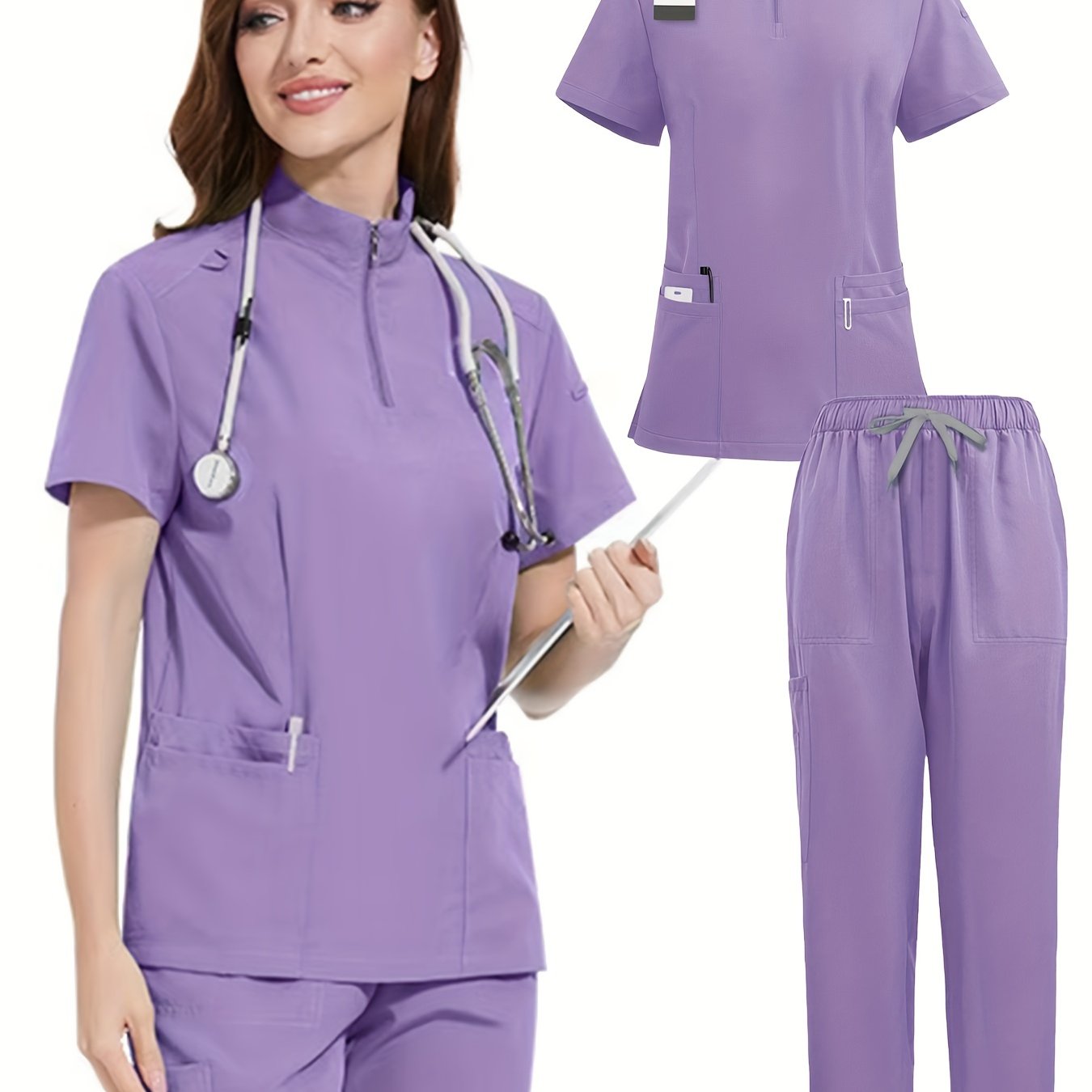 Women's elegant polyester scrubs set with zippered polo collar top and jogger pants, featuring multiple pockets. Made of woven fabric with 95% polyester and 5% spandex, ideal for spring