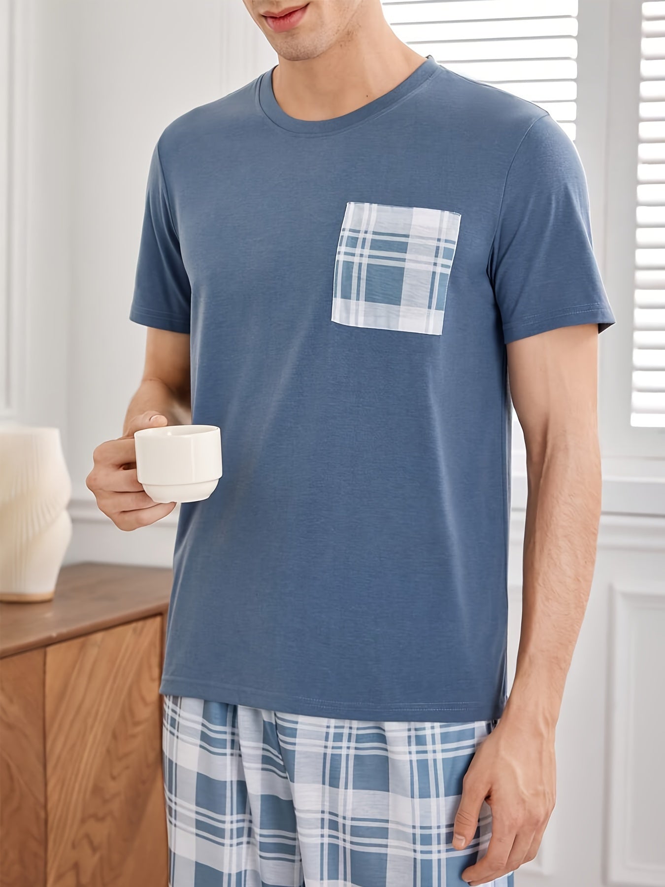 Men's Blue Short Sleeve Pajama Set with Pocket, Casual Round Neck, Stretch Knit, Plaid Pattern, All-Season, Home Wear, Polyester Fabric, Regular Fit, Pullover Shirt