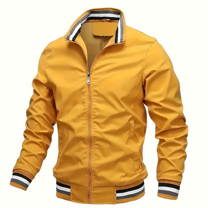 Men's trendy lightweight long sleeve jacket with zipper, stand collar, pockets, and stripe pattern. Ideal for outdoor activities in spring and autumn.