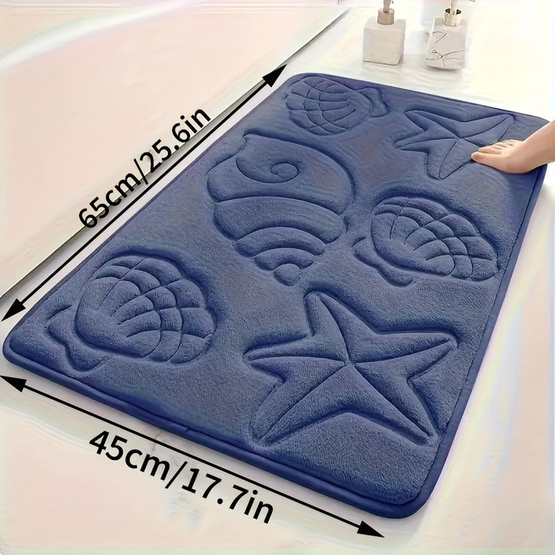 High-density 25D sponge bath mat with ultra-soft starfish and shell embossing, offering super absorbency and non-slip properties. Ideal for bathtubs, showers, and home decor. This bath accessory features high-frequency embossing for a touch of elegance