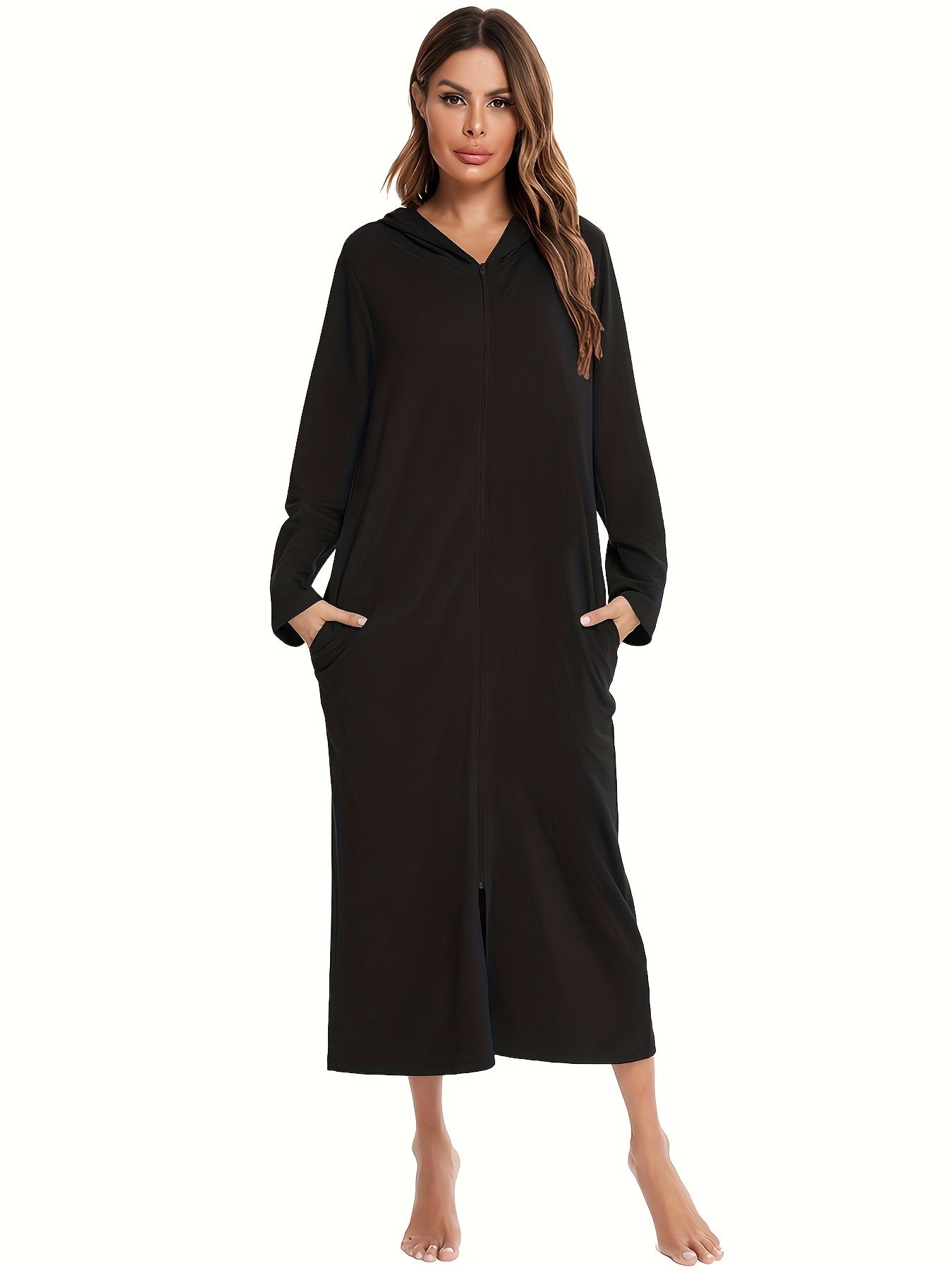 Comfortable zip-up lounge dresses with a hood, perfect for women's loungewear.