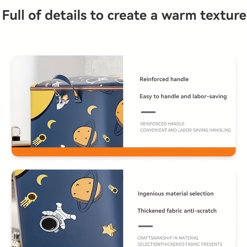 Large capacity non-woven fabric storage bag with a space-themed design. This waterproof rectangle quilt organizer features a flip top closure, making it ideal for storing clothes and blankets. It is multipurpose, dust-proof, and moisture-proof, perfect