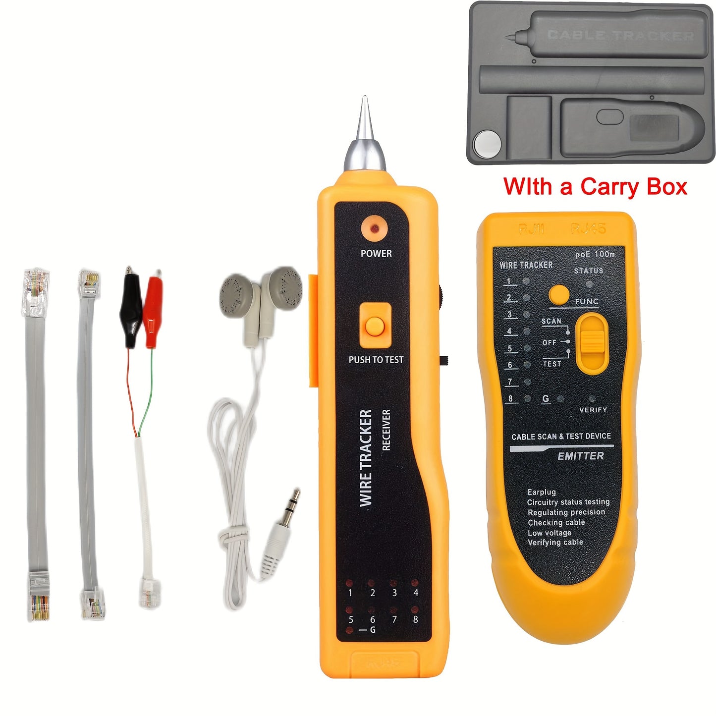 MythTiger Handheld Cable Tester for LAN, phone, internet, video, and data cables. Features automatic tone inspection, headset jack, and RJ45/RJ11 sockets. Battery powered (battery not