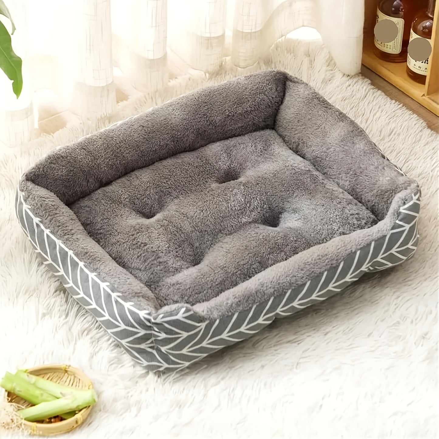 Stylish and durable pet bed for small dogs and cats with cozy pillow-style design and non-slip waterproof base. Made with polyester argyle pattern and polypropylene fiber filling for extra