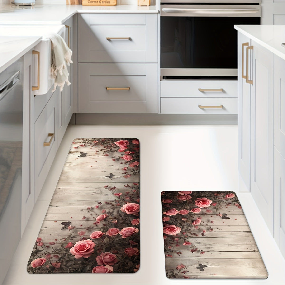 Set of 1 or 2 Rose And Wood Wall Pattern Kitchen Mats, Non-Slip and Sturdy Bathroom Pads for Floors, Soft Standing Runner Rugs, Carpets for Kitchen, Home, Office, Laundry Room, Bathroom, Perfect for Spring Decor