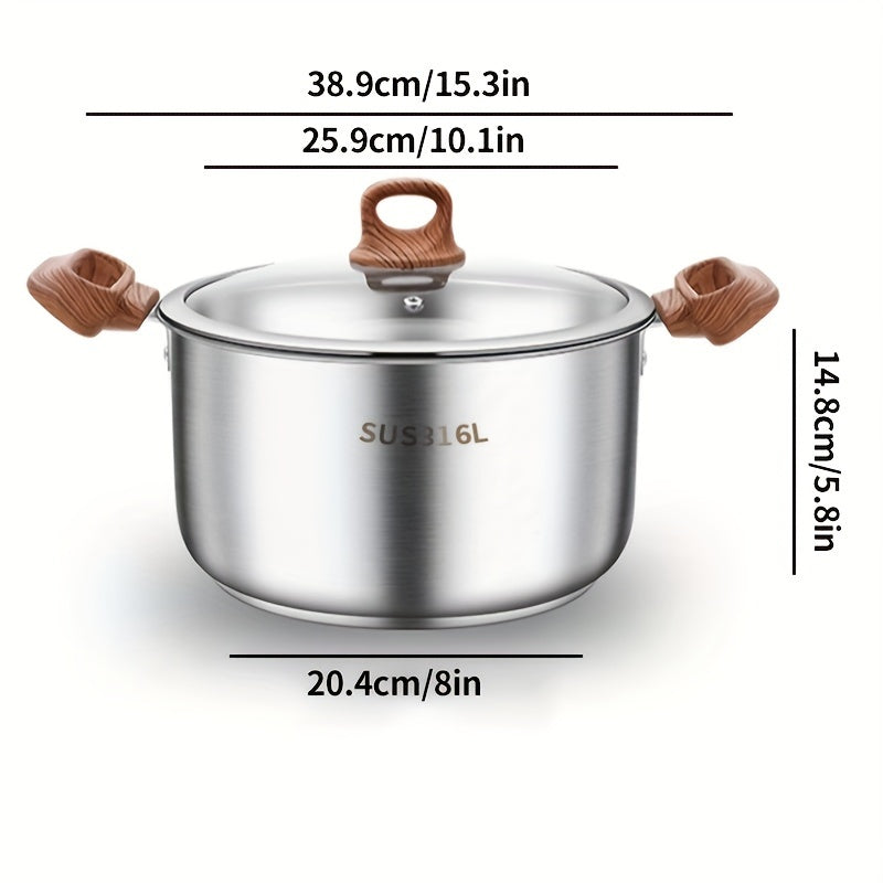 Large Stainless Steel Soup Pot with Thick Bottom & Glass Lid - Ideal for Making Stews, Sauces & Reheating - Stylish Addition to Any Home or Restaurant