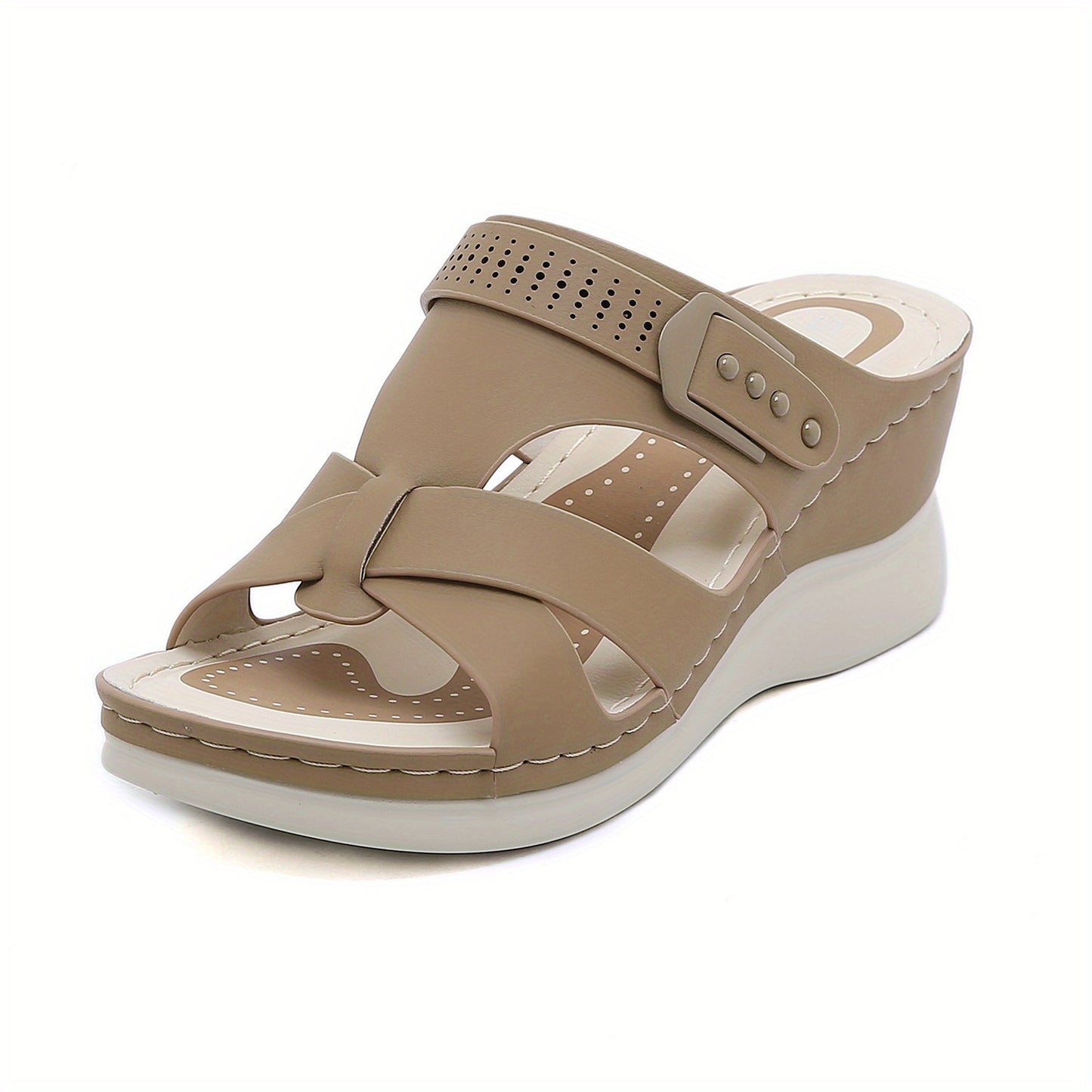 Women's wedge slide sandals with open toe cross strap, slip-on design for casual outdoor wear.