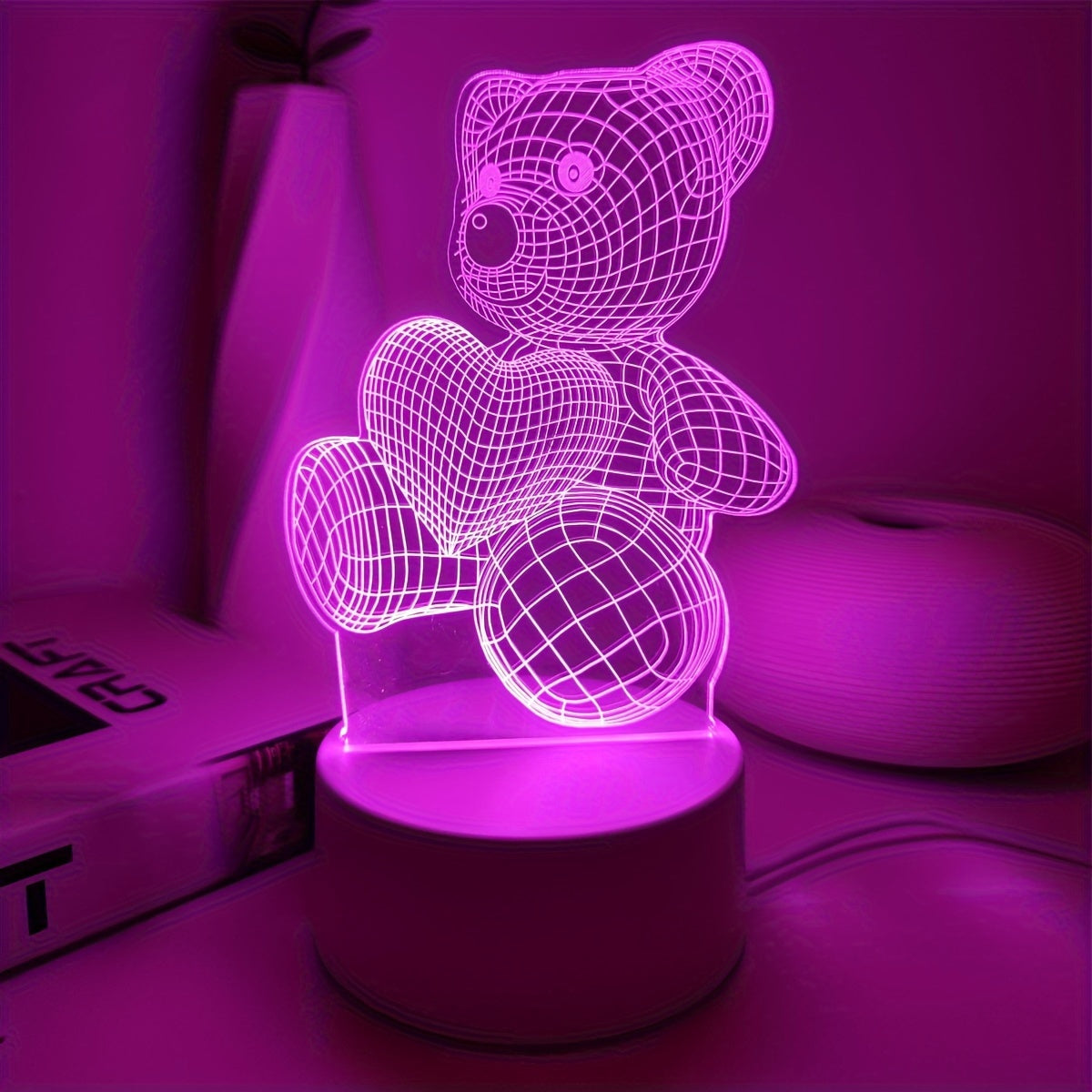 3D night light with pink heart bear design, USB powered, switch control, ideal for modern bedroom decor.