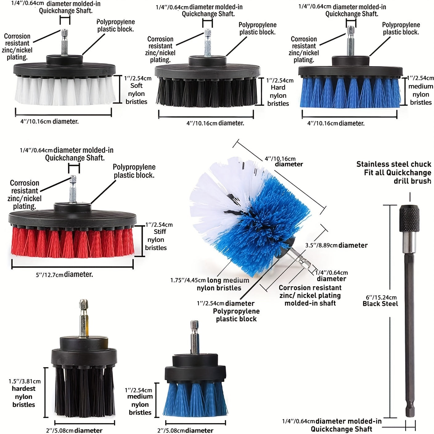 The 23-Piece Drill Brush Attachments Set includes a variety of power scrubber cleaning brushes and an extendable rod for efficient cleaning of grout, tiles, bathroom, kitchen, and car wheels. The medium firmness reusable plastic brush heads are