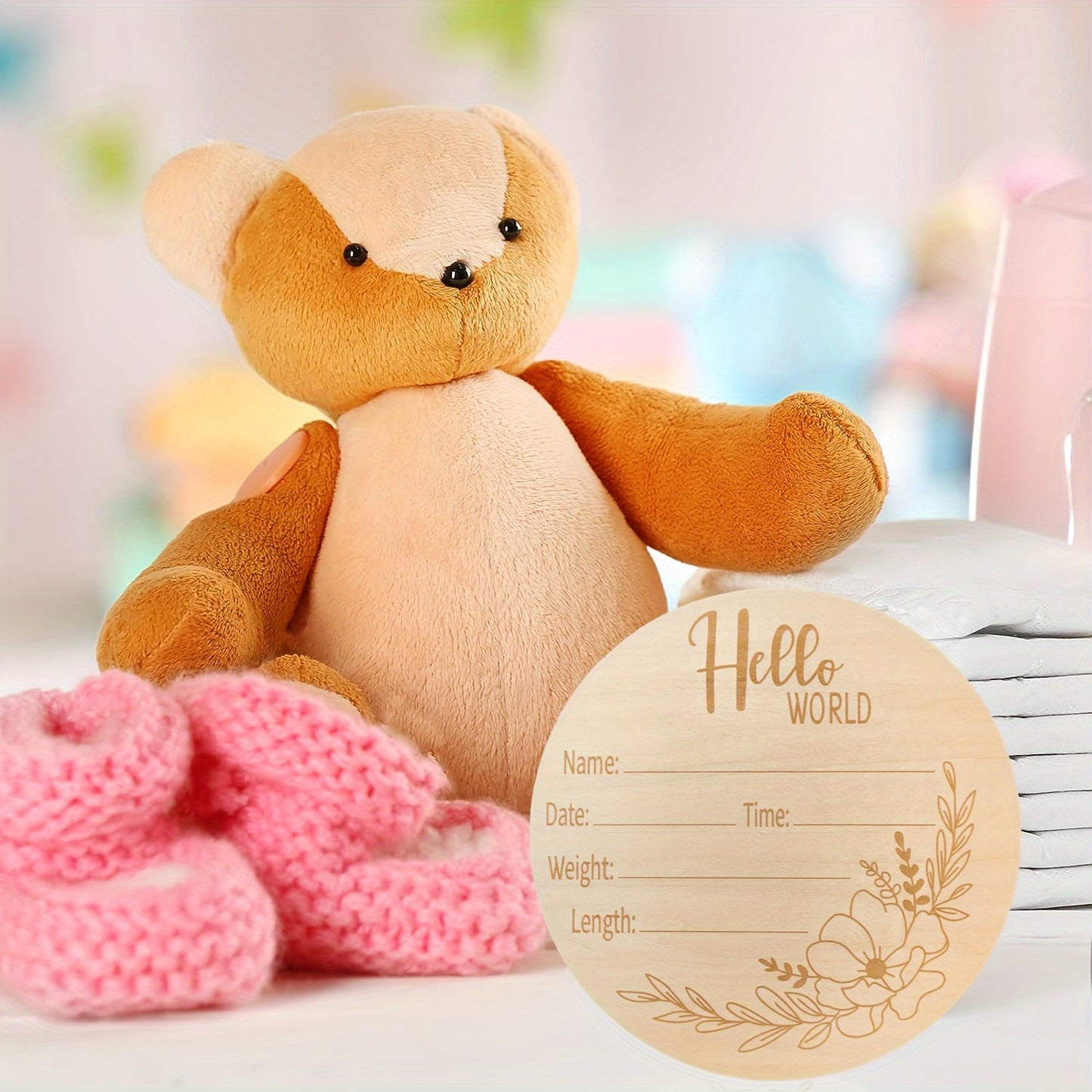 Wooden plaque engraved with "Hello World" - perfect for announcing a new arrival and displaying photos for new moms.