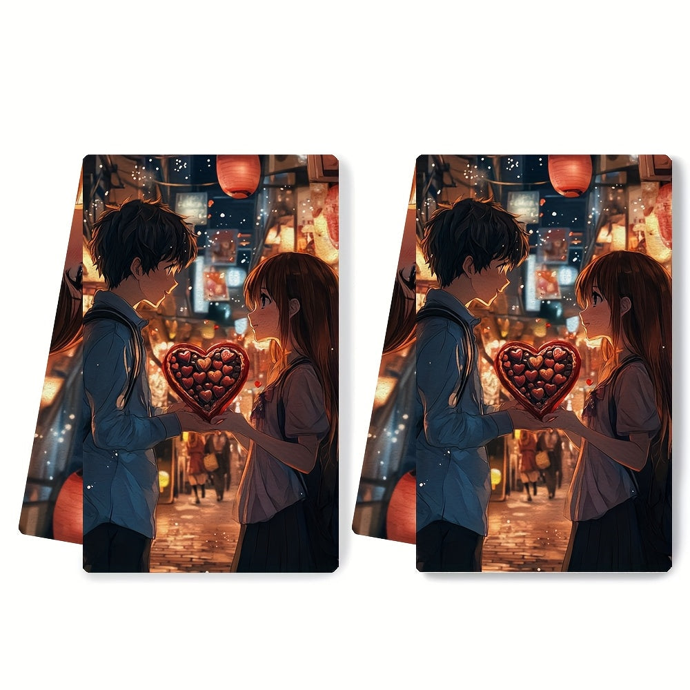 This set includes 2 ultra-soft kitchen towels with a charming design of an anime boy presenting a heart-shaped box of chocolates to a shy girl. These highly absorbent dish towels are ideal for holiday decor, easy to clean in the washing machine, and