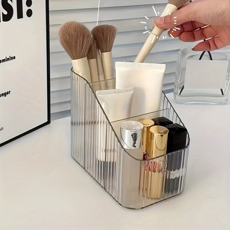 Clear acrylic makeup organizer with dividers for portable and adjustable cosmetic storage - perfect for lipstick, eyeshadow, powder, and vanity accessories. Ribbed texture and sleek design