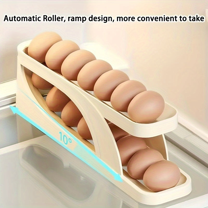 Fridge Side Door Rolling Egg Holder with Sliding Storage Organizer and Automatic Tray for Kitchen Supplies, Anti-Fall Egg Storage Box for Kitchen Table