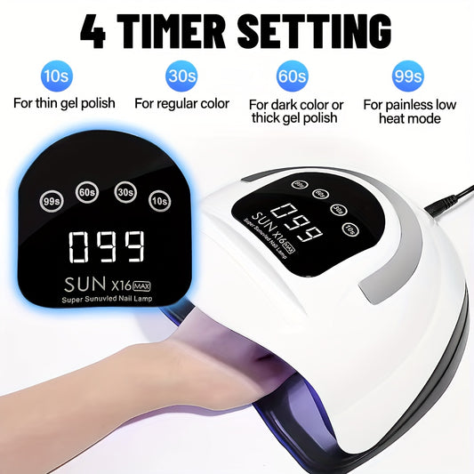 SUNX16MAX UV LED Nail Lamp, 72W High Power with 4 Timer Settings, LCD Display, Quick-Drying for Gel Polishes, European Plug.