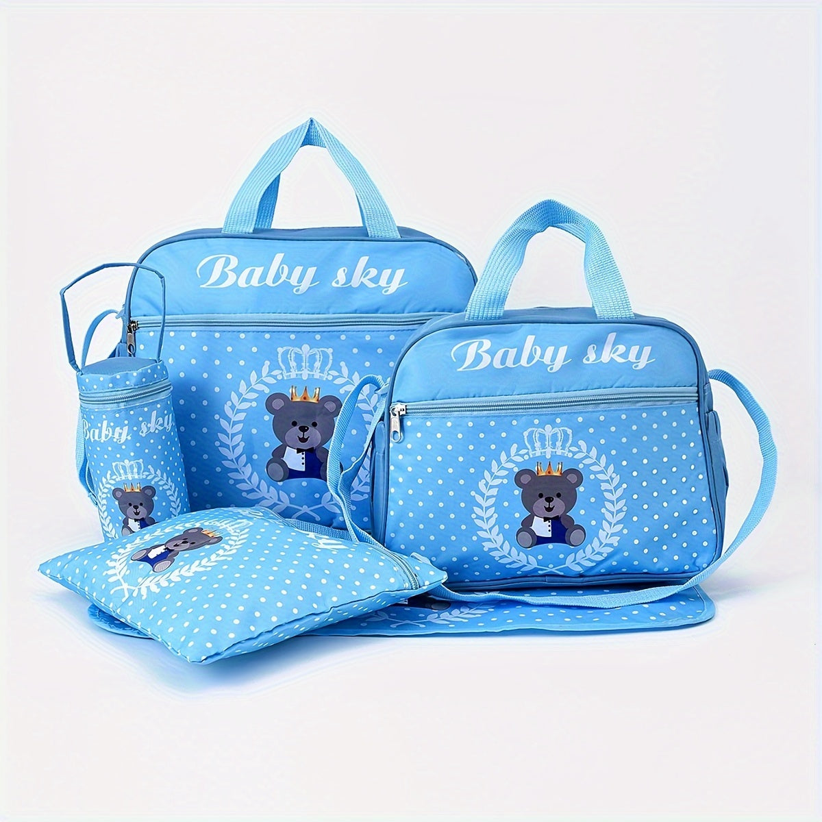 5-Piece Sky Diaper Bag Set - Spacious Parenting Bag with Shoulder Strap, Fashionable Teddy Bear Print Tote, Includes Accessories and Diaper Pouches, Made of Durable Polyester Fiber