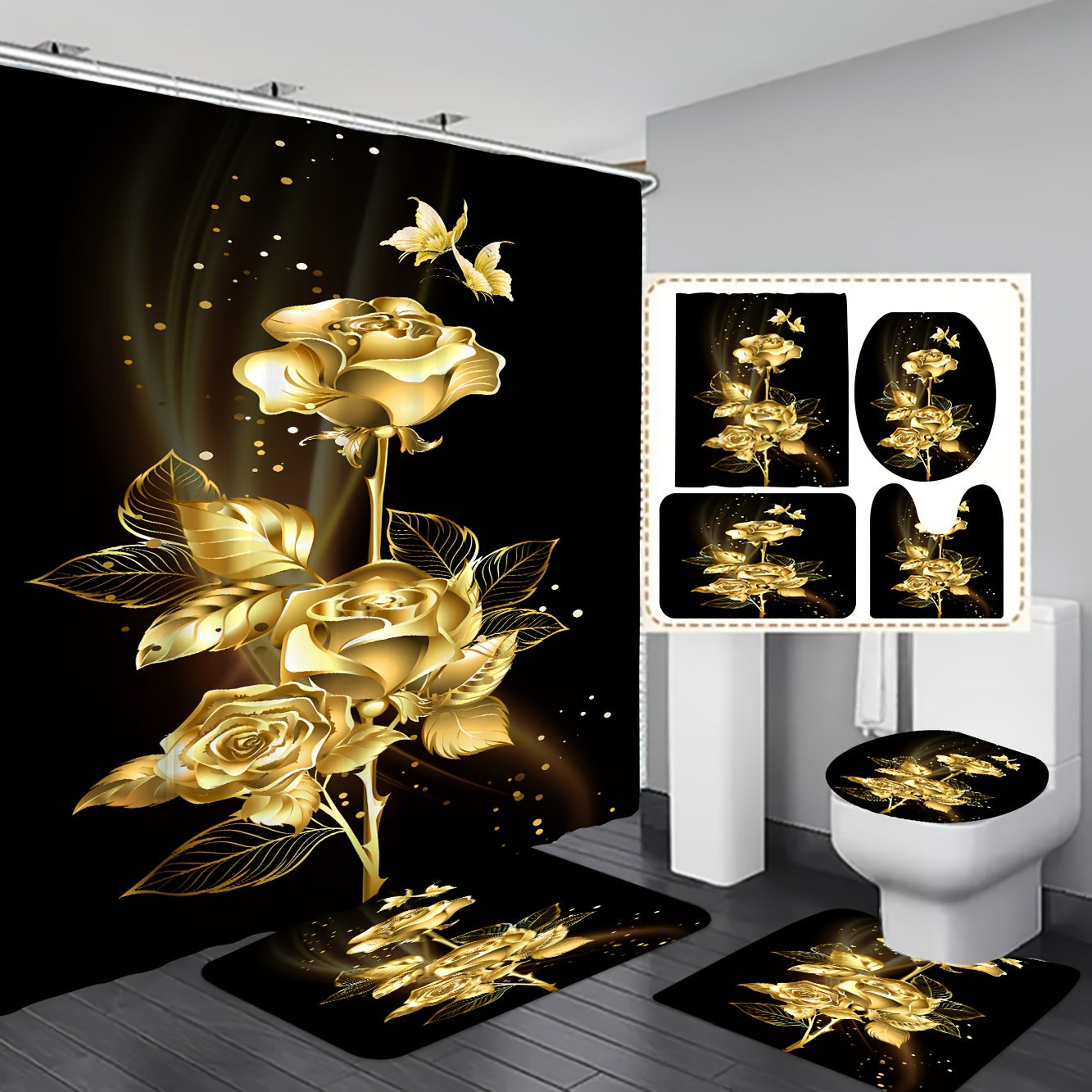 Black background and golden flower bathroom shower curtain set with toilet accessories.