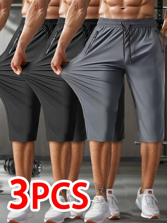 3 Summer Breathable High-Elastic Drawstring Zip Pocket Men's Sports Capri Pants