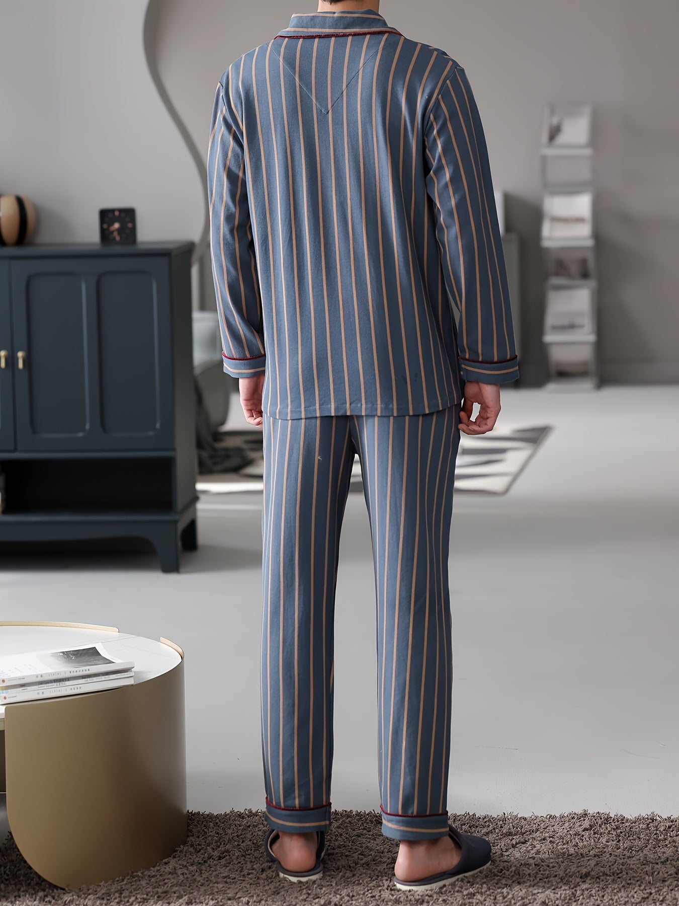 2 Men's Casual Striped Cotton Pajama Sets with Long Sleeve Lapel Shirt and Elastic Waist Pants