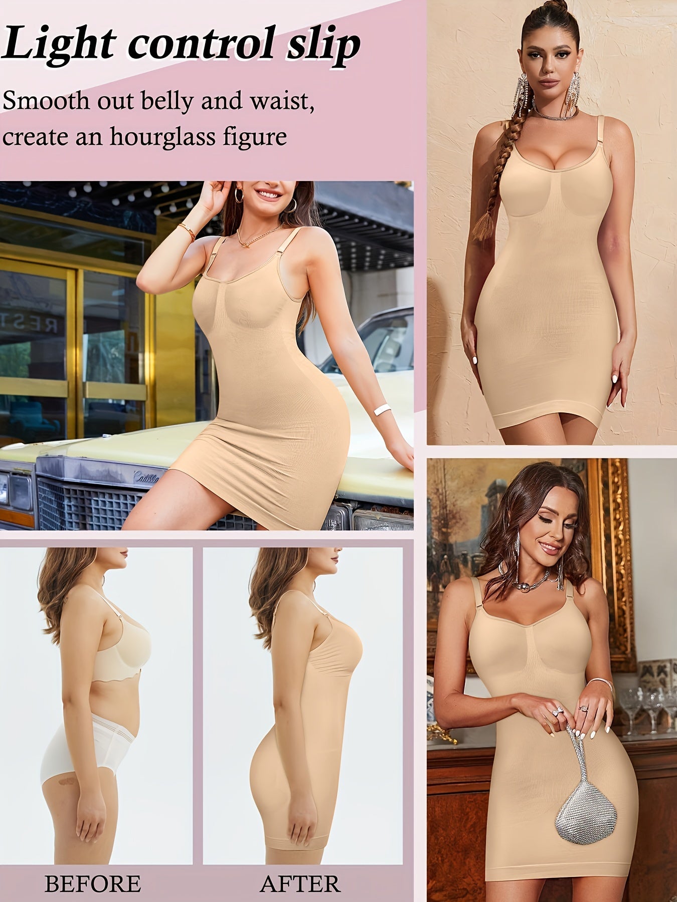 Seamless, adjustable full slip shapewear dress for women offering tummy control and body shaping.