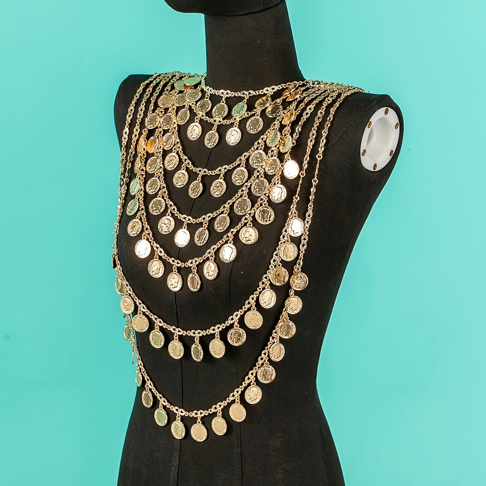 A stunning chest chain for a luxurious Arabic bride, featuring heavy handmade metal gold-plated portrait coin links. Perfect for adding elegance to wedding dress body accessories, this piece embodies the beauty of Algerian cultural traditional jewelry.