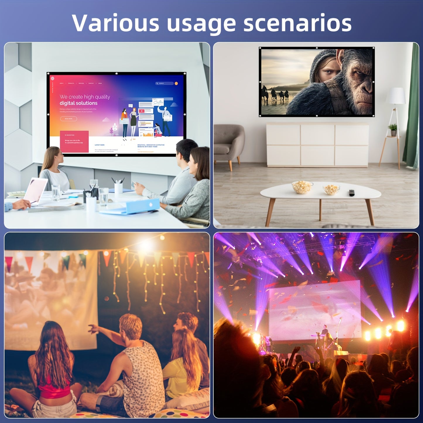 VERCORKIN Portable Projector Screen in 16:9 ratio, foldable, wrinkle-resistant, and dual-sided. Machine washable and available in multiple sizes for various uses.