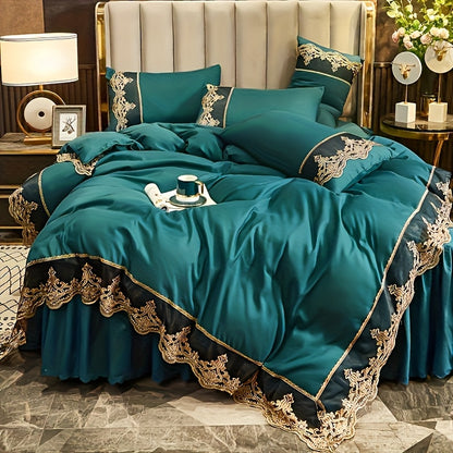 Modern luxury polyester duvet cover set with 2-3 pieces. Solid color with golden lace details. Soft, comfortable, and breathable with zipper closure. Suitable for bedroom, guest room, and