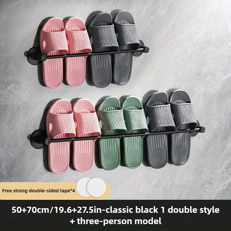 Wall-mounted slipper rack holds 1 pair of shoes and towels, no need for drilling. Made of plastic with strong load-bearing capacity. Waterproof and moisture-proof for bathroom storage.