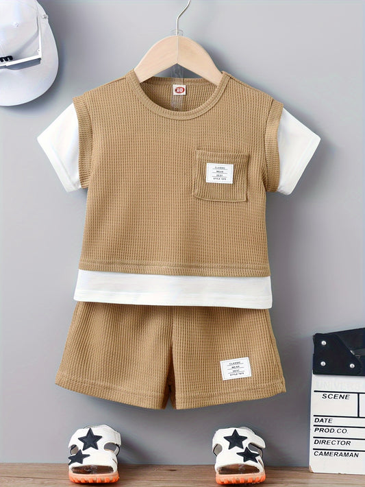 Kid's summer outfit with waffle textured t-shirt and casual shorts.