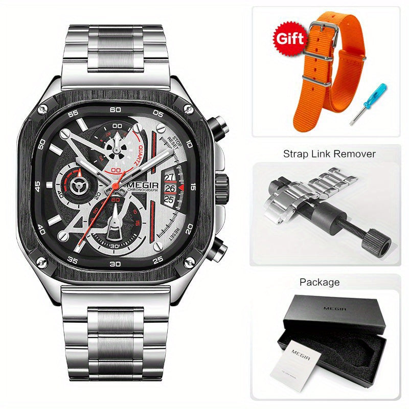 MEGIR Black Quartz Watch for Men with Chronograph, Stainless Steel Strap and Auto Date, Square Dial with Luminous Hands.