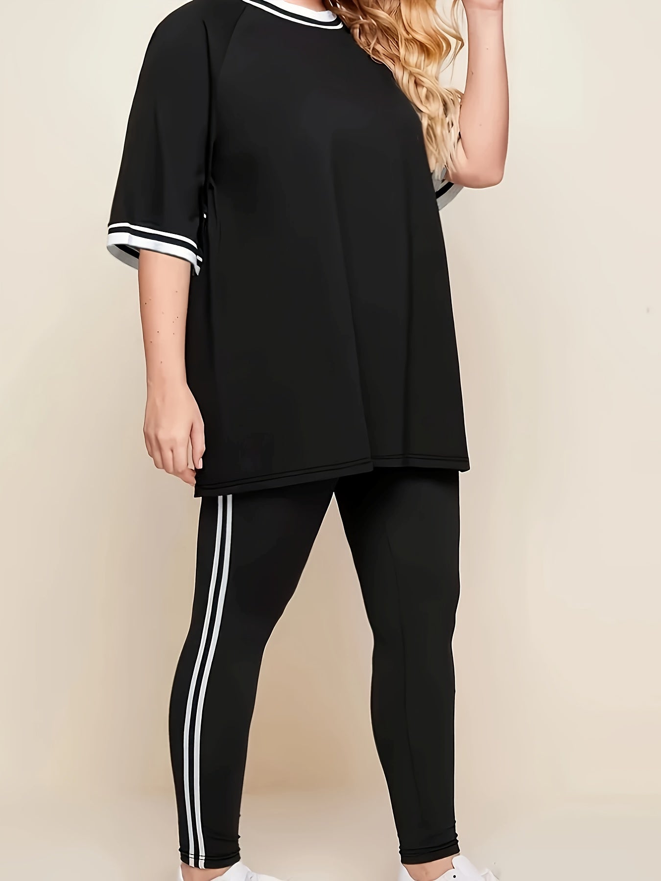 Plus Size Casual Sports Loungewear Set- Striped Print, Soft Polyester & Elastane Blend, Short Sleeve Top with Ruffle Detail, Comfortable Knit Fabric, All-Season Wear for Women, Plus Size.