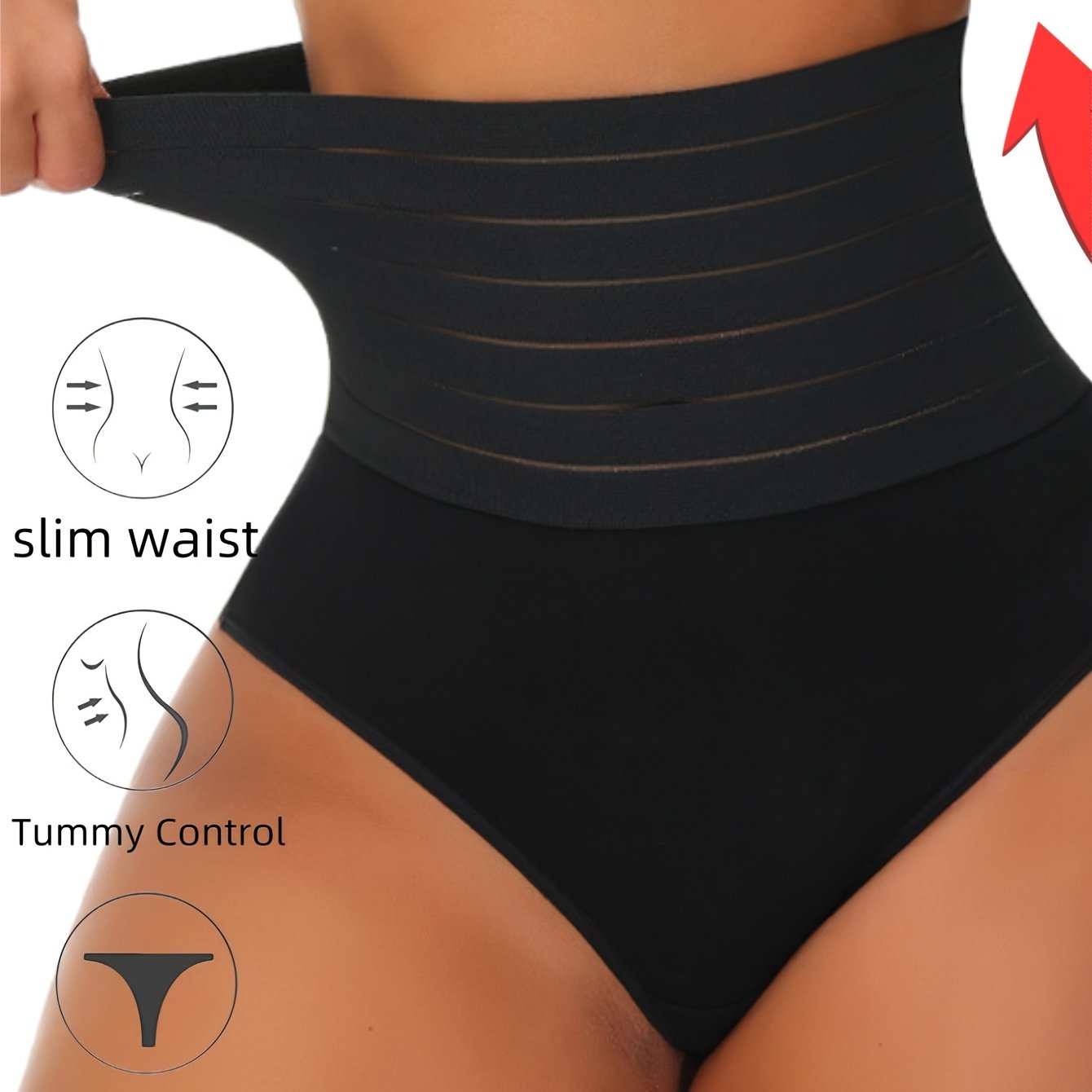 High-waist tummy control shapewear panties for women in black. Comfortable and breathable with no rolling. Made of stretchy nylon and elastane blend. Hand wash or dry clean. Ideal for