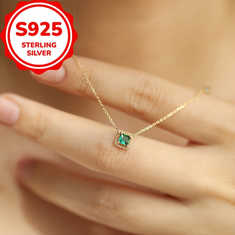 925 Sterling Silver Pendant Necklace with a Hollow Square Green Celestial Symbol and Synthetic April Birthstone Zirconia. This Elegant and Sexy Necklace is 925 Silver Plated, perfect for Daily Wear and as a Gift for Valentine's Day.