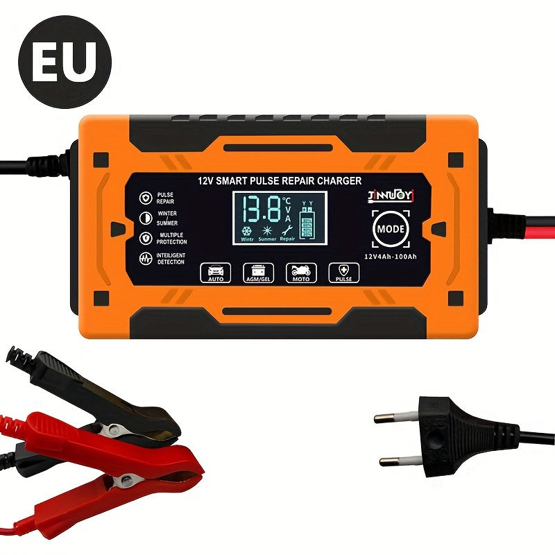 12V 6A automatic battery charger with repair function, LCD display, fast charging, suitable for electric devices and car batteries. EU plug included.