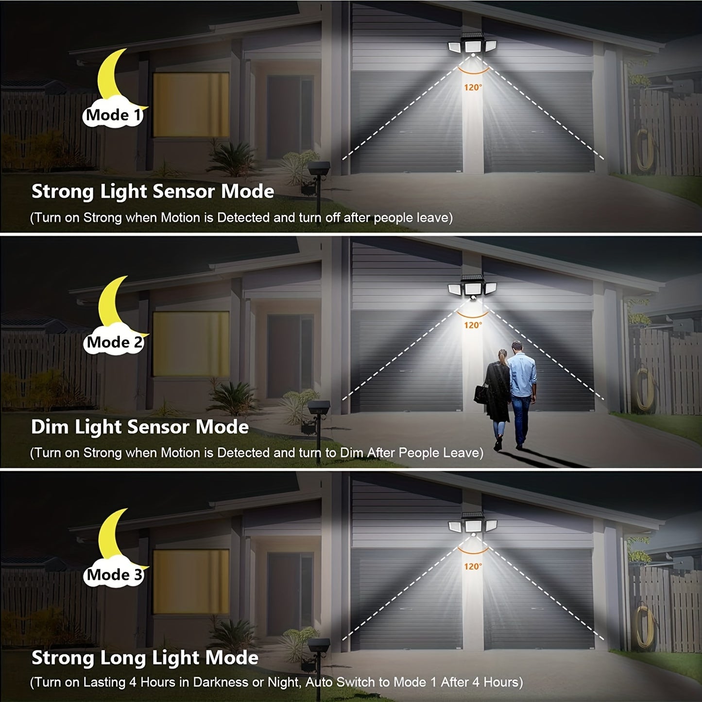 Triple head solar street light with 210 LEDs and 3 lighting modes, great for outdoor areas.