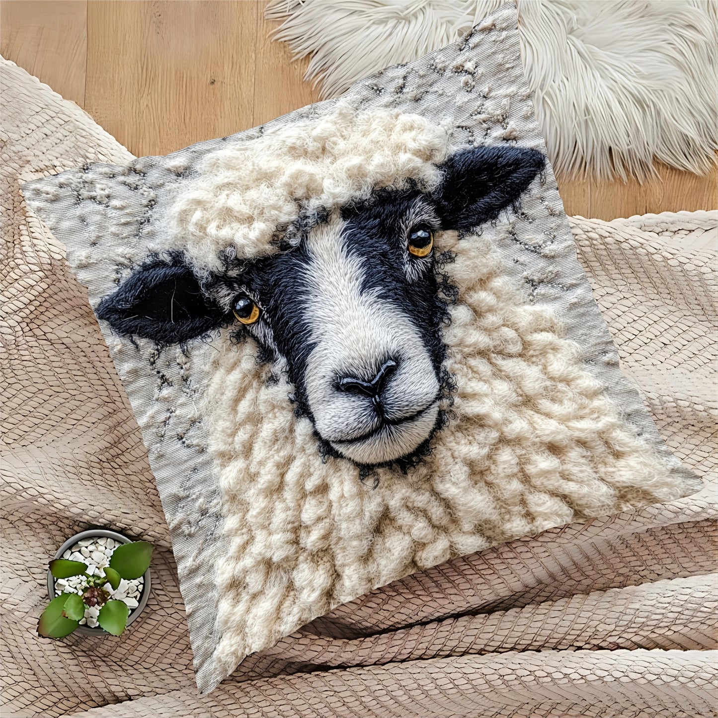 Retro farm animal design pillowcase featuring fluffy black nose sheep. Suitable for sofa, living room, bedroom, or office. Single side print, machine washable with zipper closure. 45.72x45.72cm, no pillow core included. Made of peach skin material.