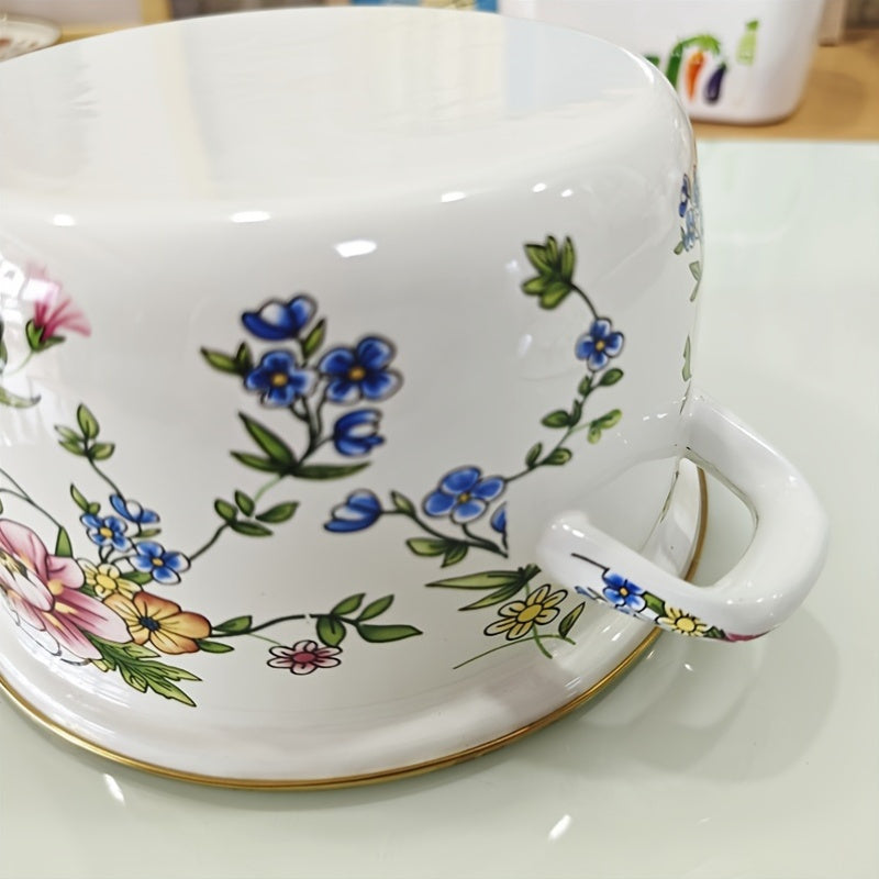 Enamel Stockpot with Lid, Floral Design and Double Handle Cooking Pot for Home Kitchen Soup, Stew, and Casseroles.