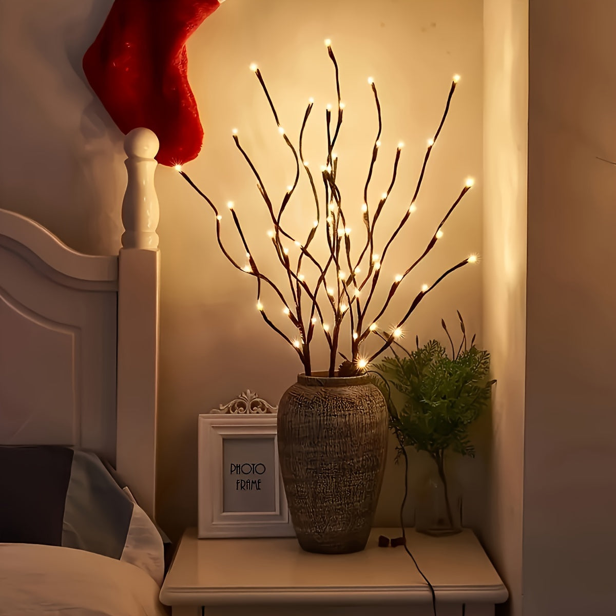 20 LED Branch Lights for indoor decoration, ideal for weddings, birthdays, and Christmas. Features a branch design. Requires 2 AA batteries (not included).