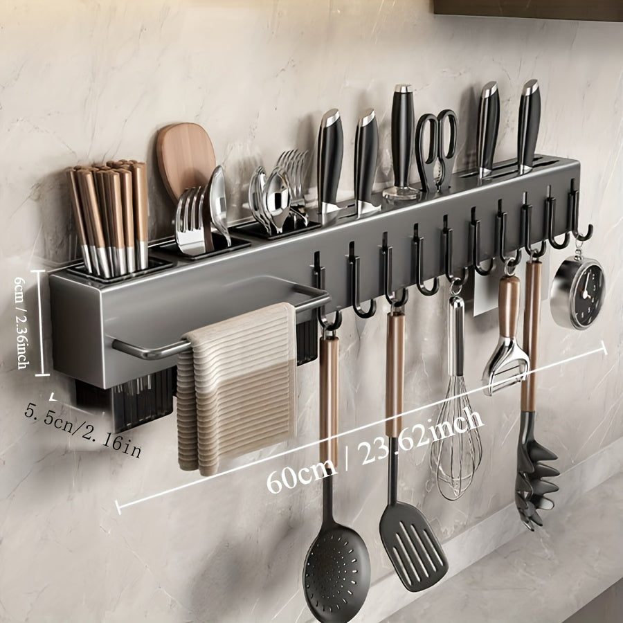 Wall-mounted stainless steel kitchen organizer featuring towel bar and hooks. Includes cutlery holder with chopstick cage for utensils and accessories.