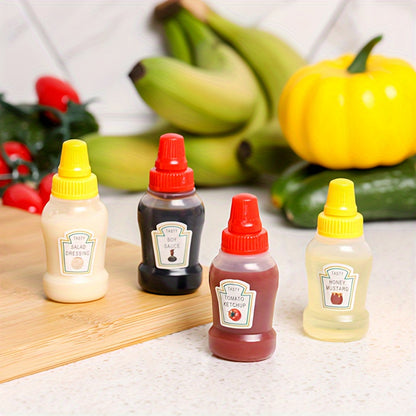 Set of 4 mini sauce bottles for condiments and spices, ideal for lunches, picnics, and kitchen use.