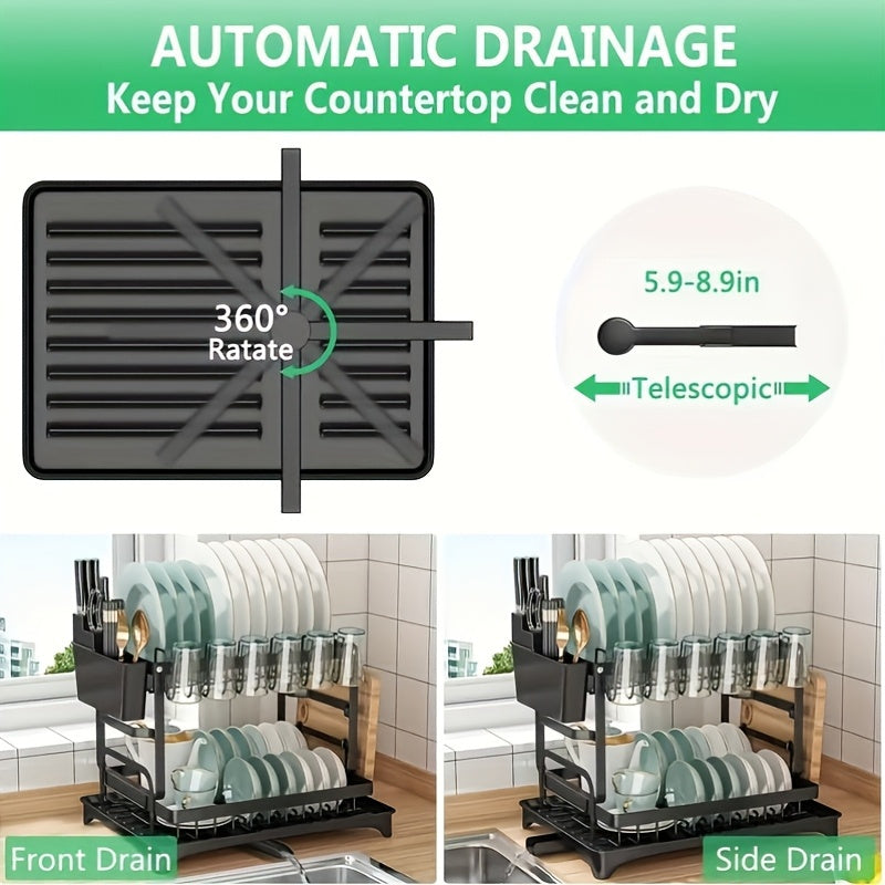 2-Tier Stainless Steel Dish Rack with Drainboard - Space-Saving Kitchen Organizer for Dishes, Utensils, and Cups